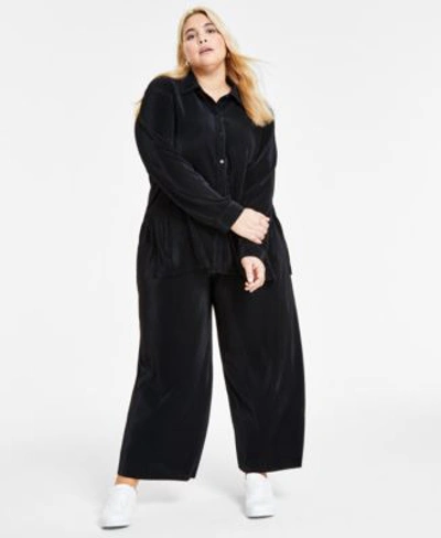 Bar Iii Plus Size Long Sleeve Button Up Shirt Wide Leg Knit Pants Created For Macys In Deep Black