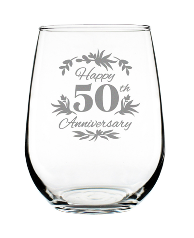 Bevvee Happy 50th Anniversary Floral 50th Anniversary Gifts Stem Less Wine Glass, 17 oz In Clear