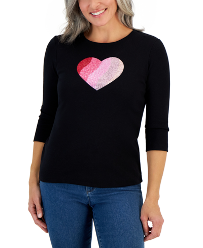 Karen Scott Petite Gem Heart Icons 3/4-sleeve Top, Created For Macy's In Deep Black