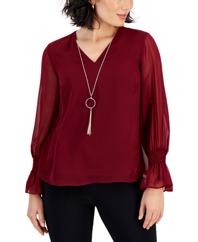 Jm Collection Petite Smocked-sleeve Necklace Top, Created For Macy's In Modern Blue
