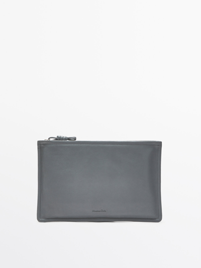 Massimo Dutti Nappa Leather Clutch With Knot Detail In Grey Blue