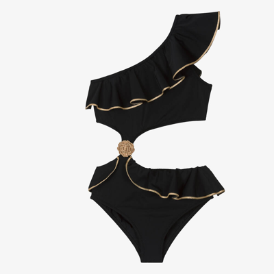 Nessi Byrd Teen Girls Black One Shoulder Swimsuit (uv50)