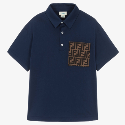 Fendi Teen Boys Navy Blue Ff Cotton Polo Shirt