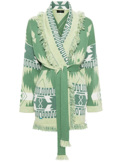 Alanui Icon Belted Fringed Jacquard-knit Cashmere Cardigan In Green