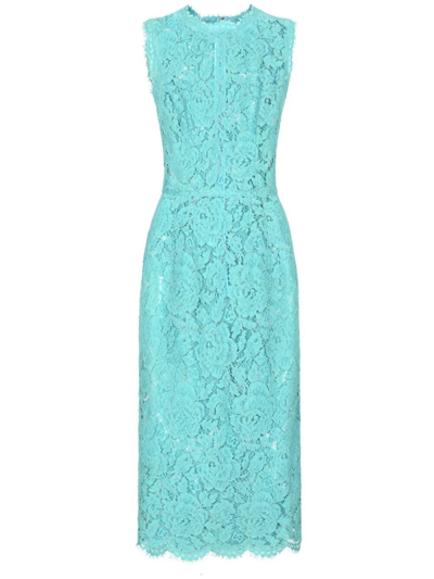 Dolce & Gabbana Midi Light Blue Sleeveless Dress In Floreal Lace Woman