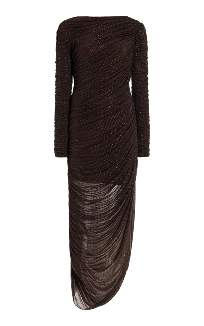 Simkhai Sanders Ruched Side-slit Rhinestone Maxi Dress In Chocolate