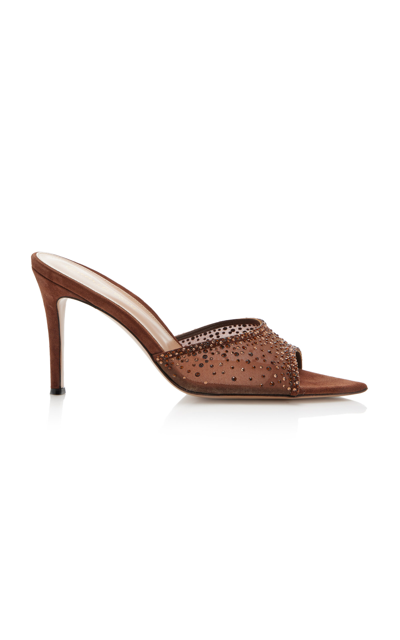 Gianvito Rossi Crystal Organza Suede Mule Sandals In Brown