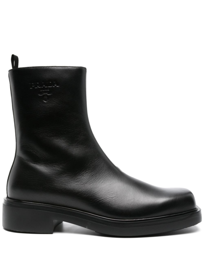 Prada Black Logo-debossed Leather Boots