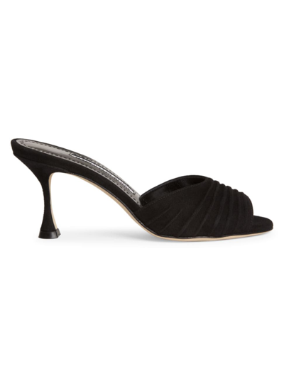 Manolo Blahnik Pirua 绒面皮褶饰中跟穆勒鞋 In Black