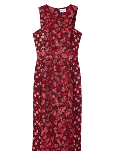 St John Italian Floral Geo Collage Jacquard Bow Sleeveless Dress In Cranberry Multi
