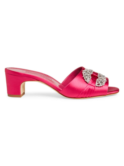 Manolo Blahnik Women's Prinap 50mm Satin Jewel Buckle Mules In Dark Pink