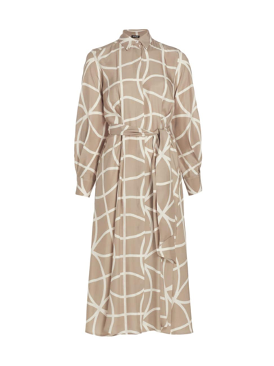 Kiton Women's Printed Silk Collared Belted Shirtdress In Beige White