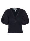 Derek Lam 10 Crosby Heather Rib Puff Sleeve Stretch Cotton Top In Midnight