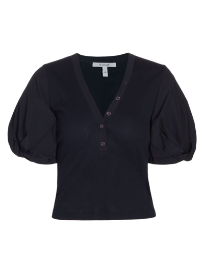 Derek Lam 10 Crosby Heather Rib Puff Sleeve Stretch Cotton Top In Midnight