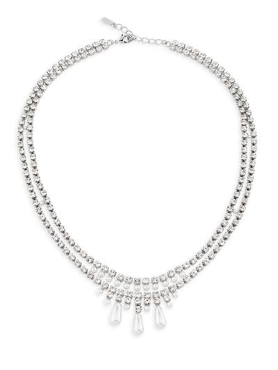 Kenneth Jay Lane Women's Silvertone, Glass Crystal & Imitation Pearl Double Layer Necklace