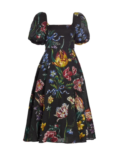 Marchesa Notte Women's Floral Jacquard Puff-sleeve A-line Dress In Black Multi