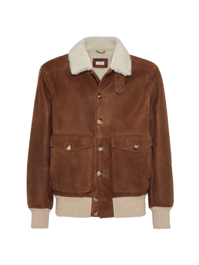 Brunello Cucinelli Long-sleeved Button-up Leather Jacket In Cocoa