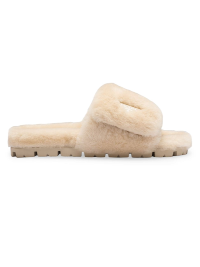 Prada Triangle-logo Shearling Slides In Beige Khaki