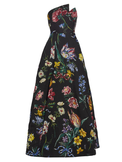 Marchesa Notte Strapless Pleated Floral Fil Coupe Gown In Black Multi