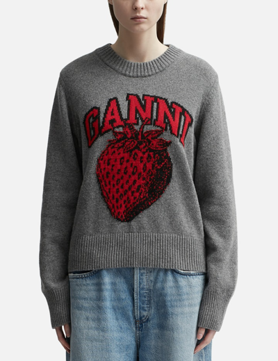 Ganni Graphic Strawberry O-neck Pullover In Grey