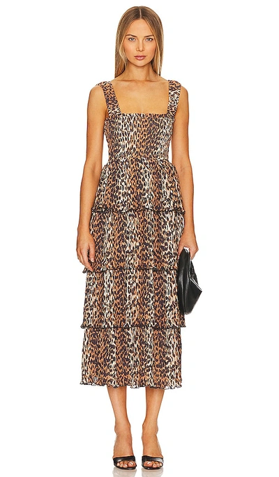 Ganni + Net Sustain Pleated Smocked Leopard-print Recycled-georgette Midi Dress In Almond Milk
