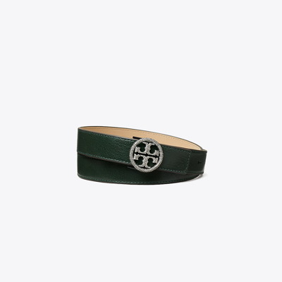 Tory Burch 1" Miller Crystal Embellished Belt In Verde Bottiglia/gunmetal