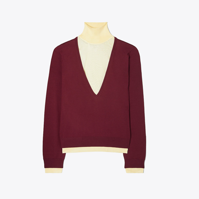 Tory Burch Double Layer Mock-neck Pullover In Rich Wine/yellow Lotus