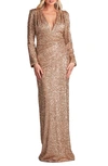 Sho By Tadashi Shoji Sequin Ruched Long Sleeve Gown In Copper