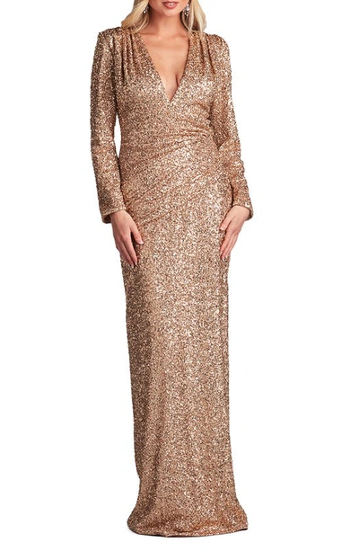 Sho By Tadashi Shoji Sequin Ruched Long Sleeve Gown In Copper