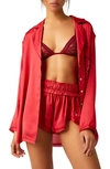 Free People Like Honey Long-sleeve Satin Pajama Shirt In Ruby Red