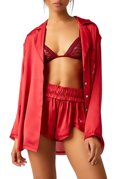 Free People Like Honey Long-sleeve Satin Pajama Shirt In Ruby Red