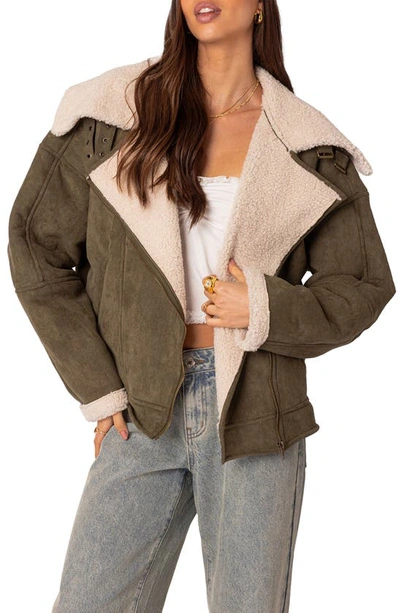 Edikted Women's Faux Suede Shearling Oversized Jacket In Olive