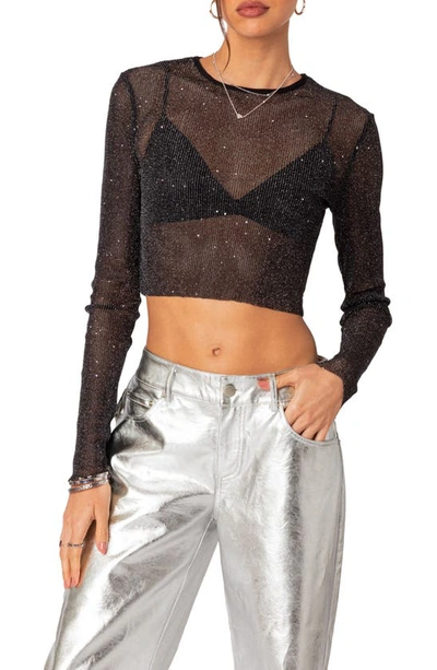 Edikted Marly Sequin Sheer Crop Top In Black