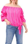 Vince Camuto Stripe Balloon Sleeve Off The Shoulder Blouse In Hot Pink