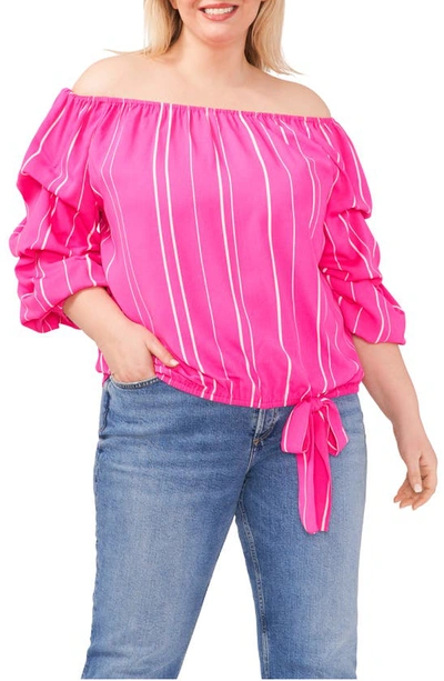 Vince Camuto Stripe Balloon Sleeve Off The Shoulder Blouse In Hot Pink