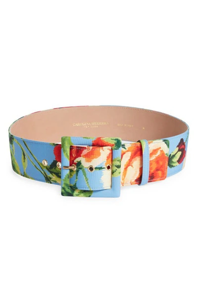 Carolina Herrera Icon Floral Wide Belt In Lake Blue Multi