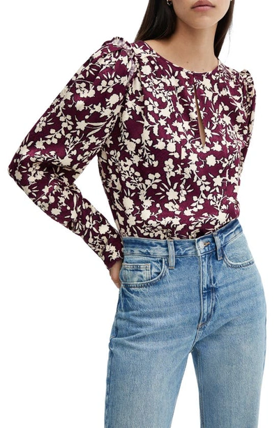 Mango Floral Print Long Sleeve Top In Maroon