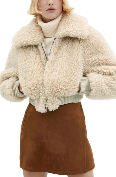 Mango Faux Shearling Crop Aviator Jacket In Ecru