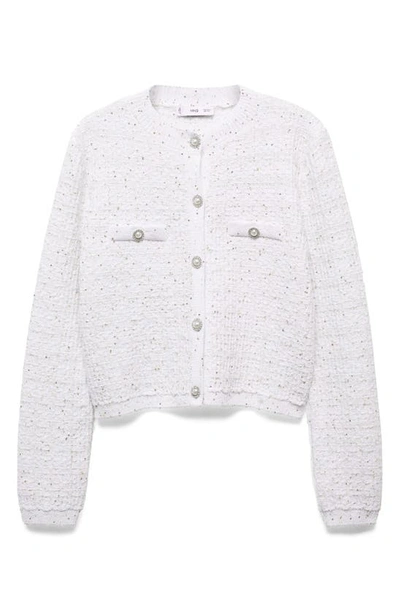 Mango Cardigan Tweed Bouton Bijou In Ecru