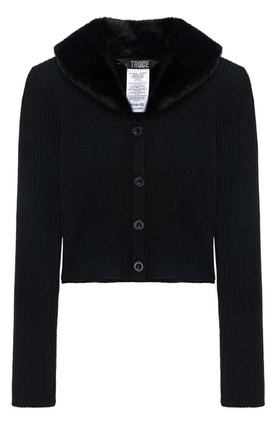 Truce Kids' Faux Fur Collar Rib Cardigan In Black