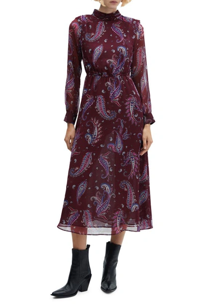 Mango Flowy Paisley Print Dress Maroon