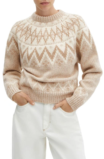 Mango Fair Isle Crewneck Jumper In Medium Brown