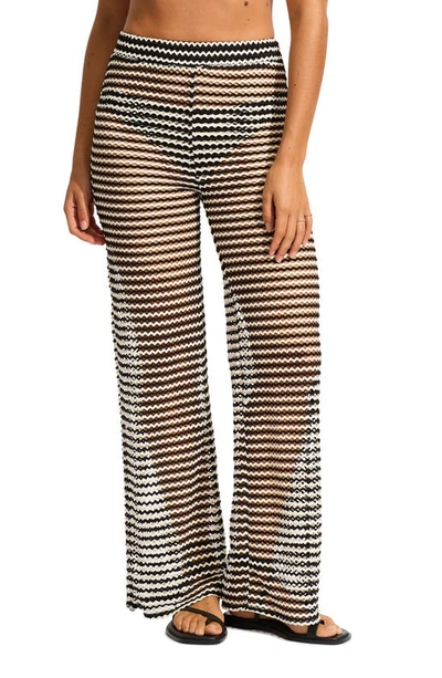 Seafolly Womens Black Mesh Effect Wide-leg High-rise Stretch-knit Trousers