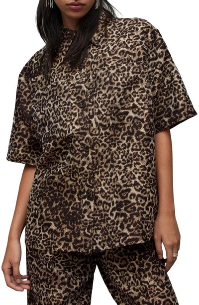 Allsaints Jemi Leopard Print Relaxed Fit Shirt In Black/gold