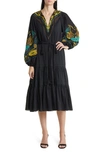 Kobi Halperin Val Embroidered Blouson-sleeve Midi Dress In Black