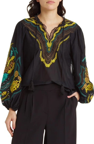 Kobi Halperin Kehlani Embroidered Blouson-sleeve Blouse In Black