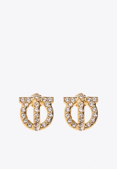 Ferragamo 3d Gancini Crystal-embellished Earrings In Gold