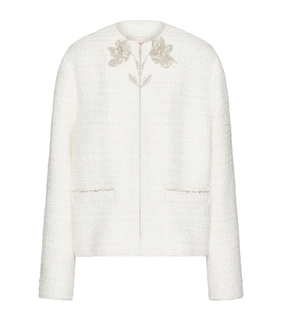 Valentino Tweed Crystal-flower Blazer In White