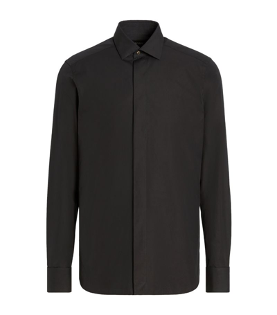 Zegna Men's Concealed Placket Cotton-silk Dress Shirt In Black Solid
