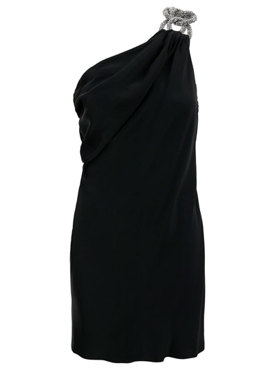 STELLA MCCARTNEY BLACK ONE-SHOULDER MINI DRESS WITH CRYSTAL CHAIN IN DOUBLE SATIN WOMAN